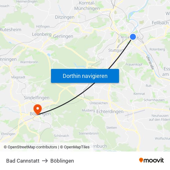 Bad Cannstatt to Böblingen map