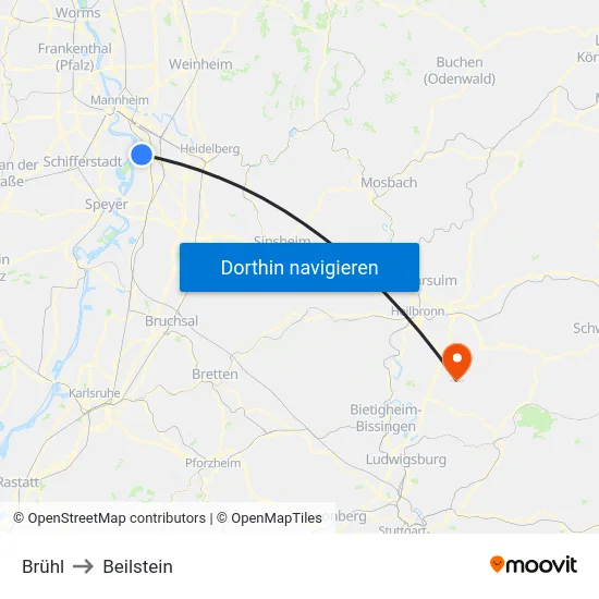 Brühl to Beilstein map