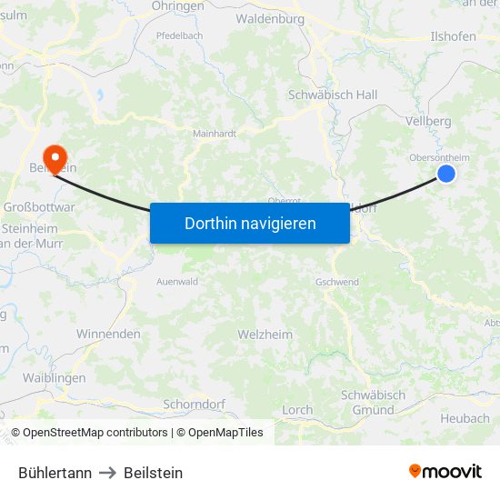 Bühlertann to Beilstein map