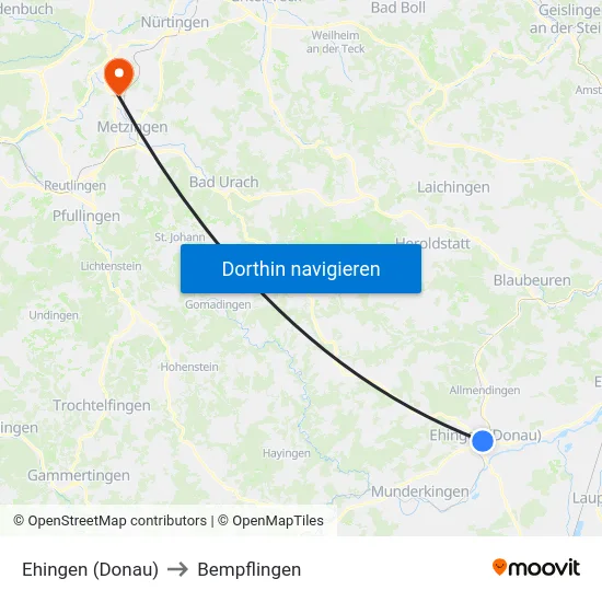 Ehingen (Donau) to Bempflingen map