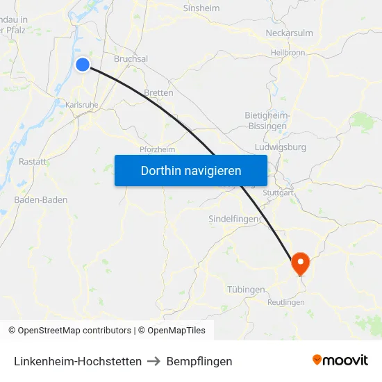 Linkenheim-Hochstetten to Bempflingen map