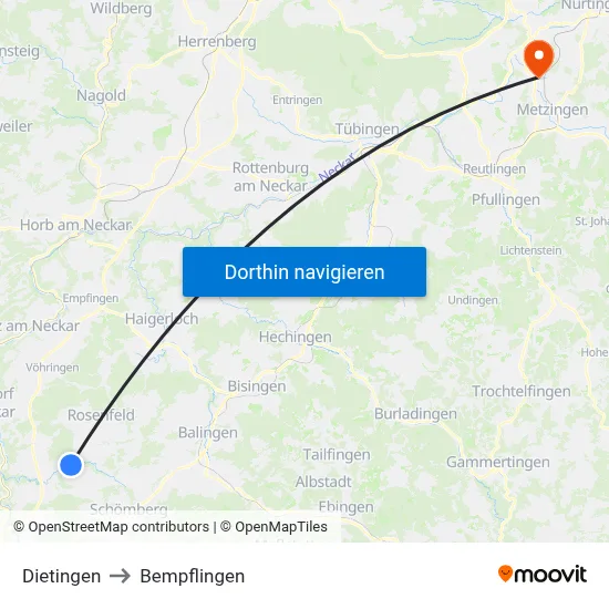 Dietingen to Bempflingen map