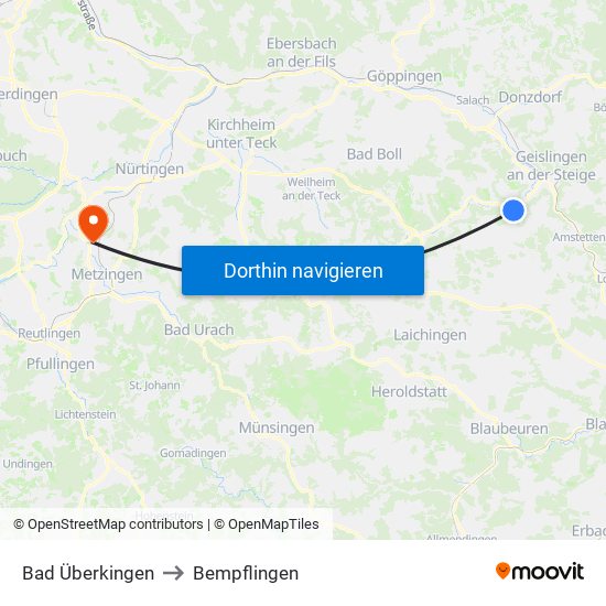 Bad Überkingen to Bempflingen map