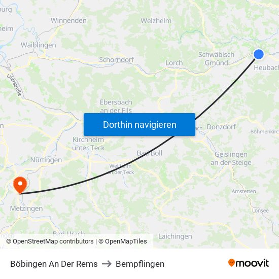 Böbingen An Der Rems to Bempflingen map