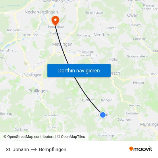 St. Johann to Bempflingen map