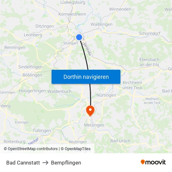 Bad Cannstatt to Bempflingen map