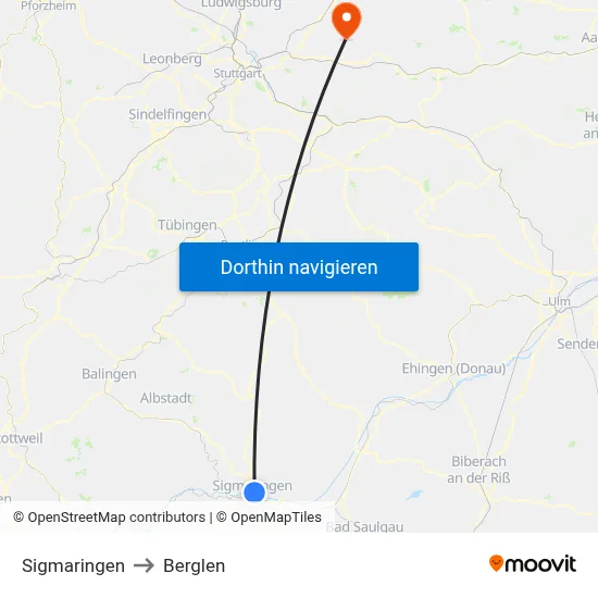 Sigmaringen to Berglen map
