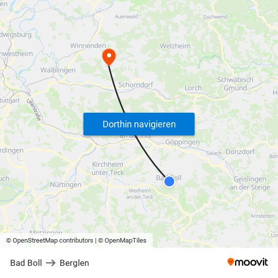 Bad Boll to Berglen map