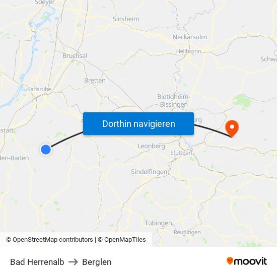 Bad Herrenalb to Berglen map