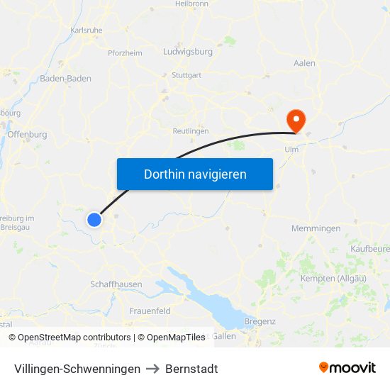 Villingen-Schwenningen to Bernstadt map