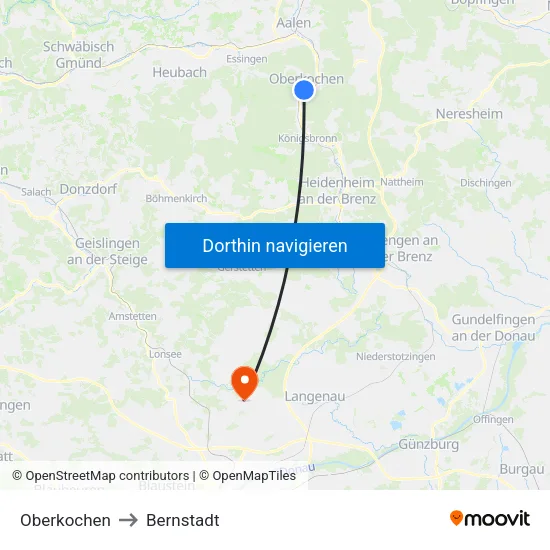 Oberkochen to Bernstadt map