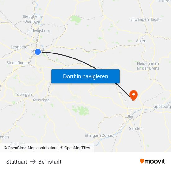 Stuttgart to Bernstadt map