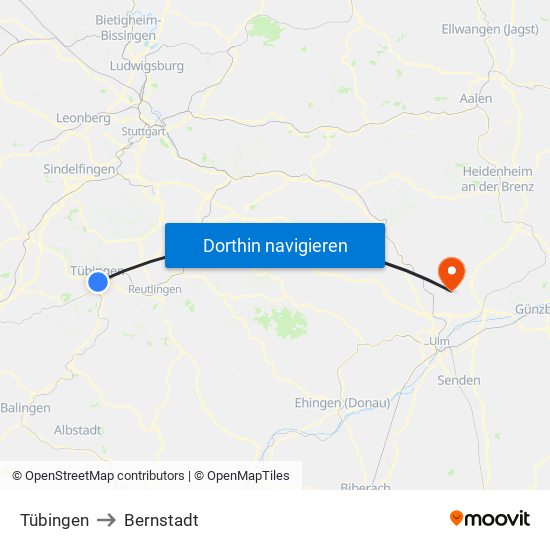 Tübingen to Bernstadt map