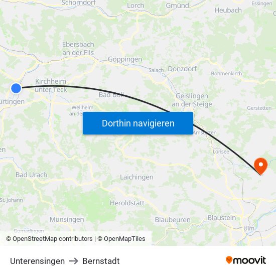 Unterensingen to Bernstadt map