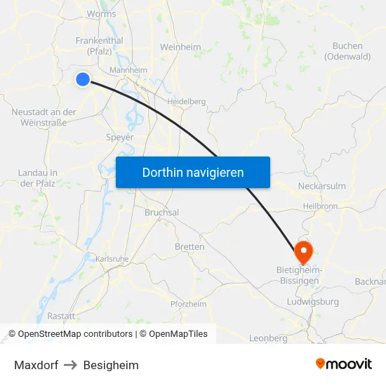 Maxdorf to Besigheim map