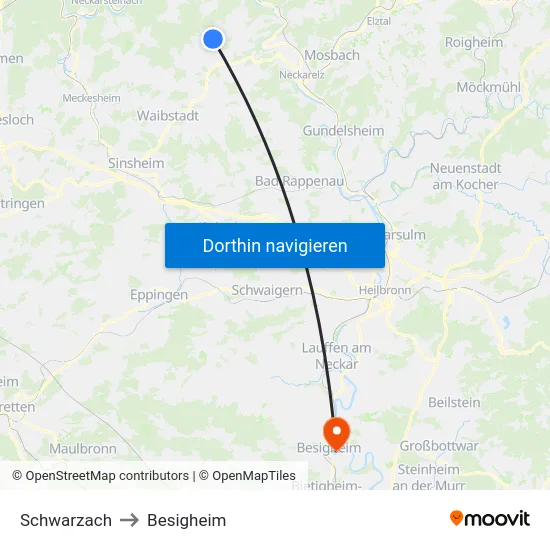 Schwarzach to Besigheim map