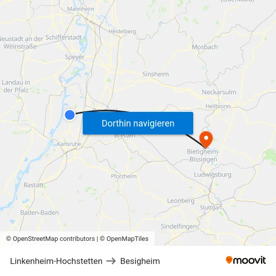 Linkenheim-Hochstetten to Besigheim map
