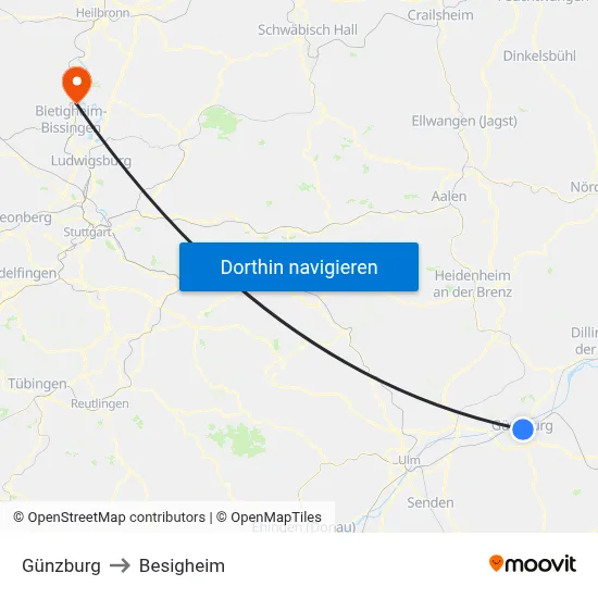Günzburg to Besigheim map