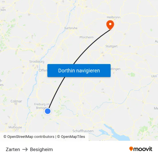 Zarten to Besigheim map