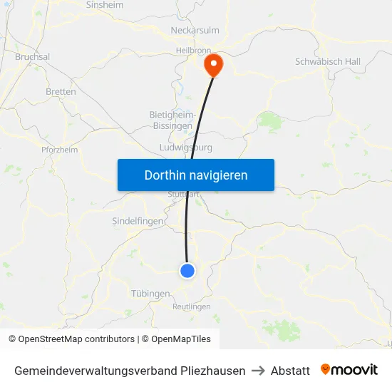 Gemeindeverwaltungsverband Pliezhausen to Abstatt map
