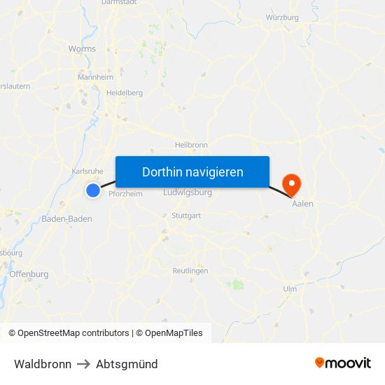 Waldbronn to Abtsgmünd map