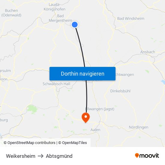 Weikersheim to Abtsgmünd map