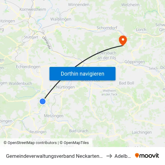 Gemeindeverwaltungsverband Neckartenzlingen to Adelberg map