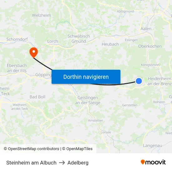Steinheim am Albuch to Adelberg map