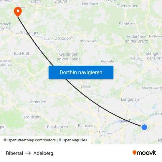 Bibertal to Adelberg map