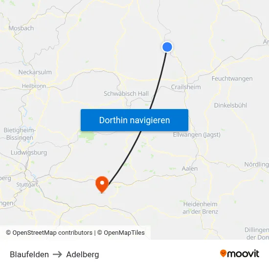 Blaufelden to Adelberg map