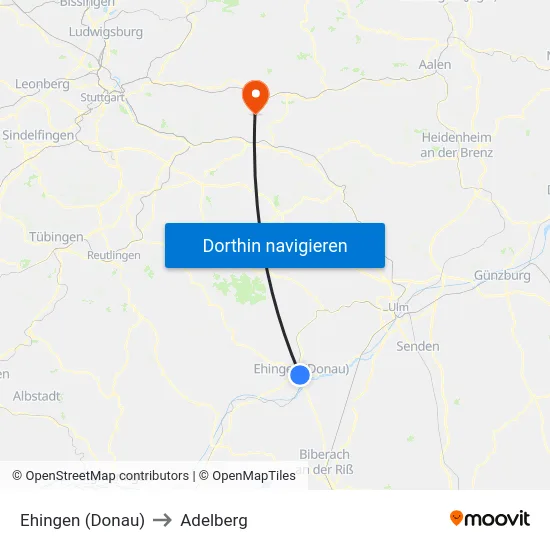 Ehingen (Donau) to Adelberg map