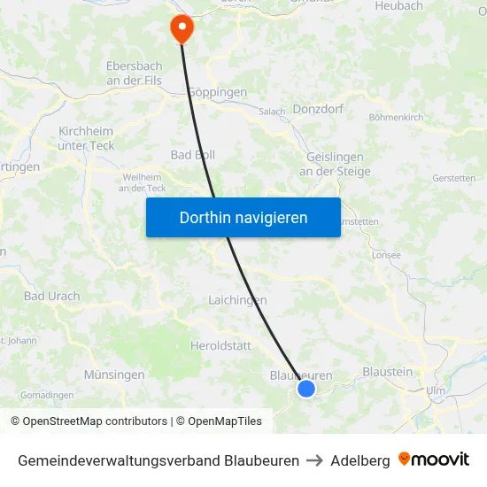 Gemeindeverwaltungsverband Blaubeuren to Adelberg map