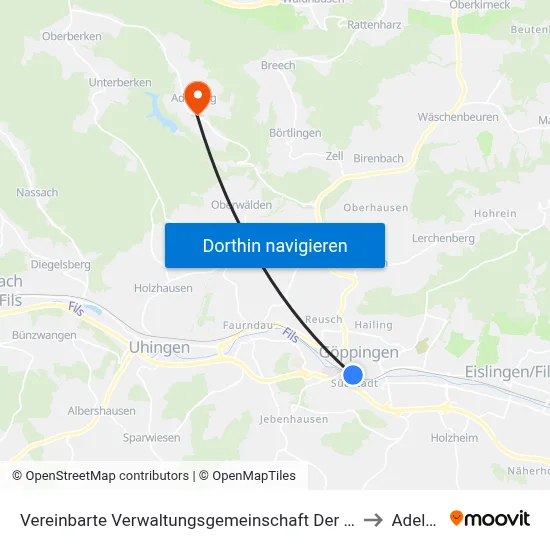 Vereinbarte Verwaltungsgemeinschaft Der Stadt Göppingen to Adelberg map