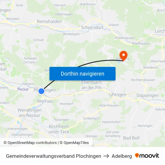 Gemeindeverwaltungsverband Plochingen to Adelberg map
