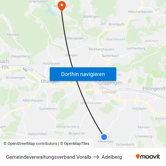 Gemeindeverwaltungsverband Voralb to Adelberg map