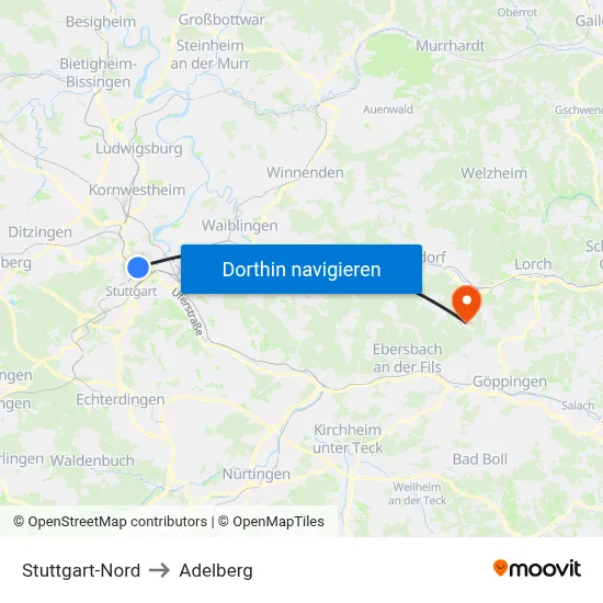 Stuttgart-Nord to Adelberg map