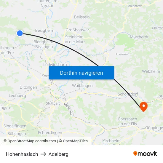 Hohenhaslach to Adelberg map