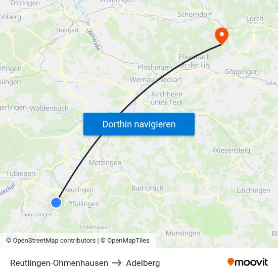 Reutlingen-Ohmenhausen to Adelberg map