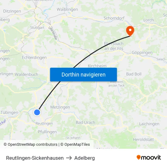 Reutlingen-Sickenhausen to Adelberg map