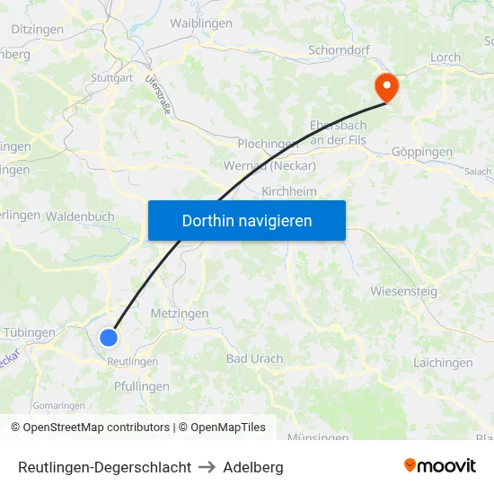 Reutlingen-Degerschlacht to Adelberg map