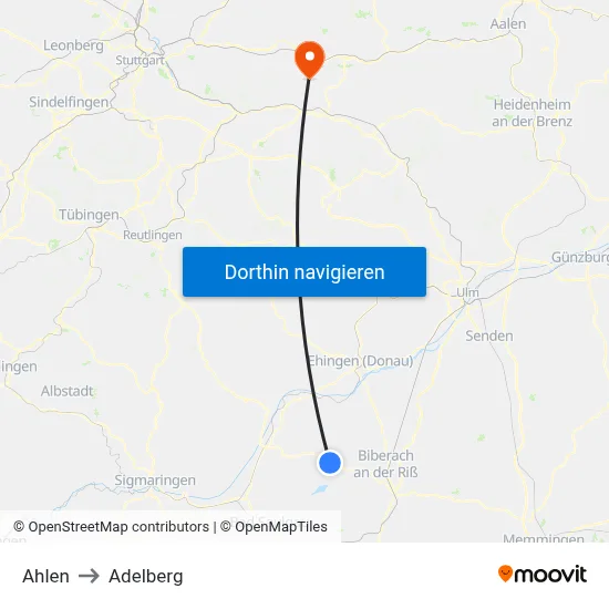 Ahlen to Adelberg map