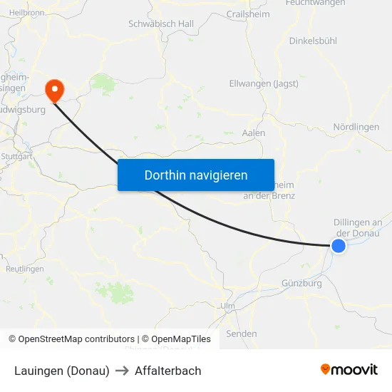 Lauingen (Donau) to Affalterbach map