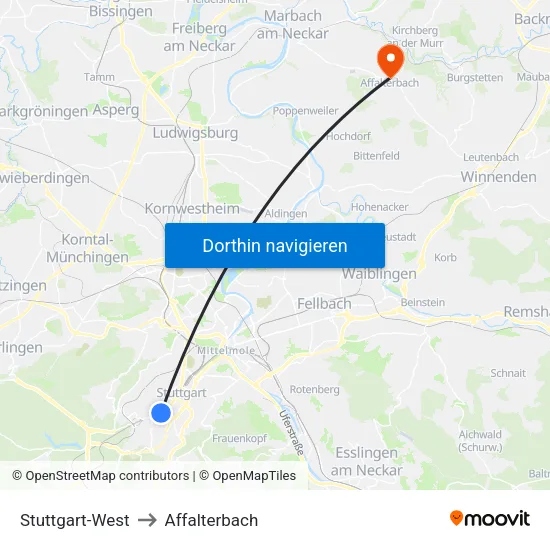 Stuttgart-West to Affalterbach map