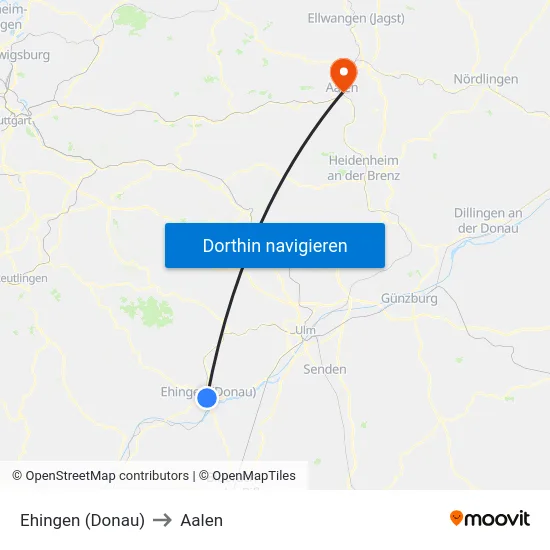 Ehingen (Donau) to Aalen map