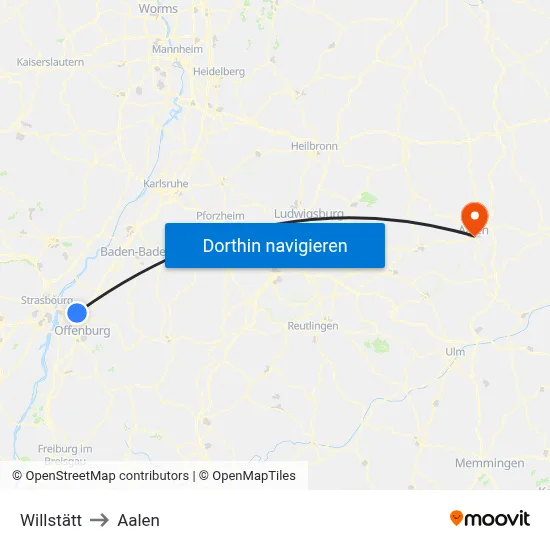 Willstätt to Aalen map