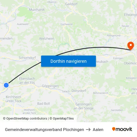 Gemeindeverwaltungsverband Plochingen to Aalen map
