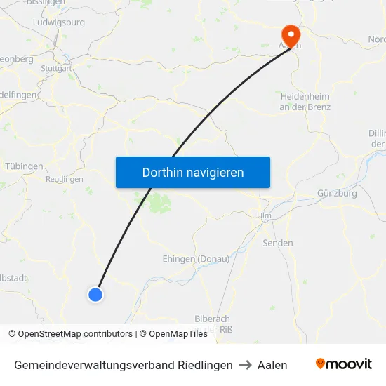 Gemeindeverwaltungsverband Riedlingen to Aalen map