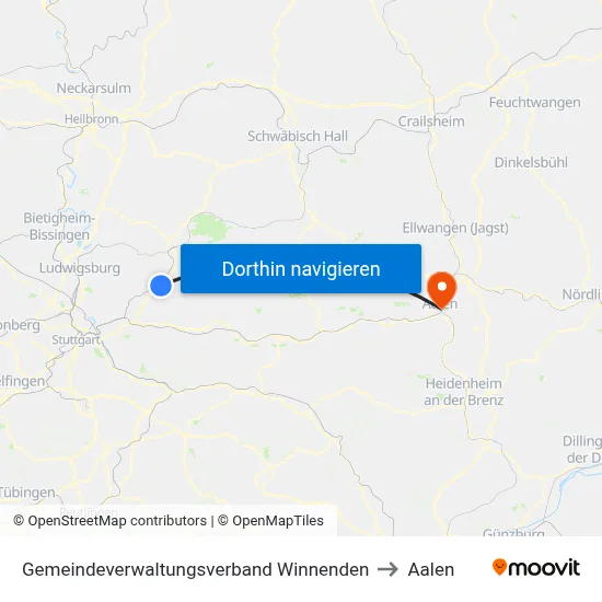 Gemeindeverwaltungsverband Winnenden to Aalen map
