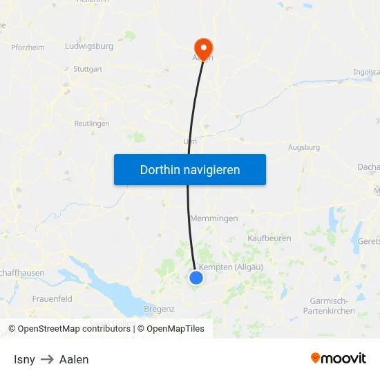 Isny to Aalen map