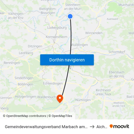 Gemeindeverwaltungsverband Marbach am Neckar to Aichtal map